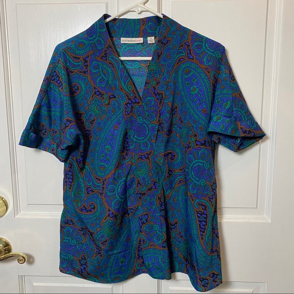 Vintage Isaac Mizrahi Live Paisley Blouse Small Blue Boho Cottagecore Flowy Top - Picture 2 of 6